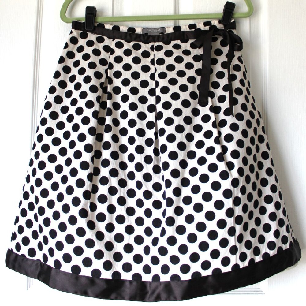 Ann Taylor 6P Polka Dot A-Line Skirt Satin Trim Bow
